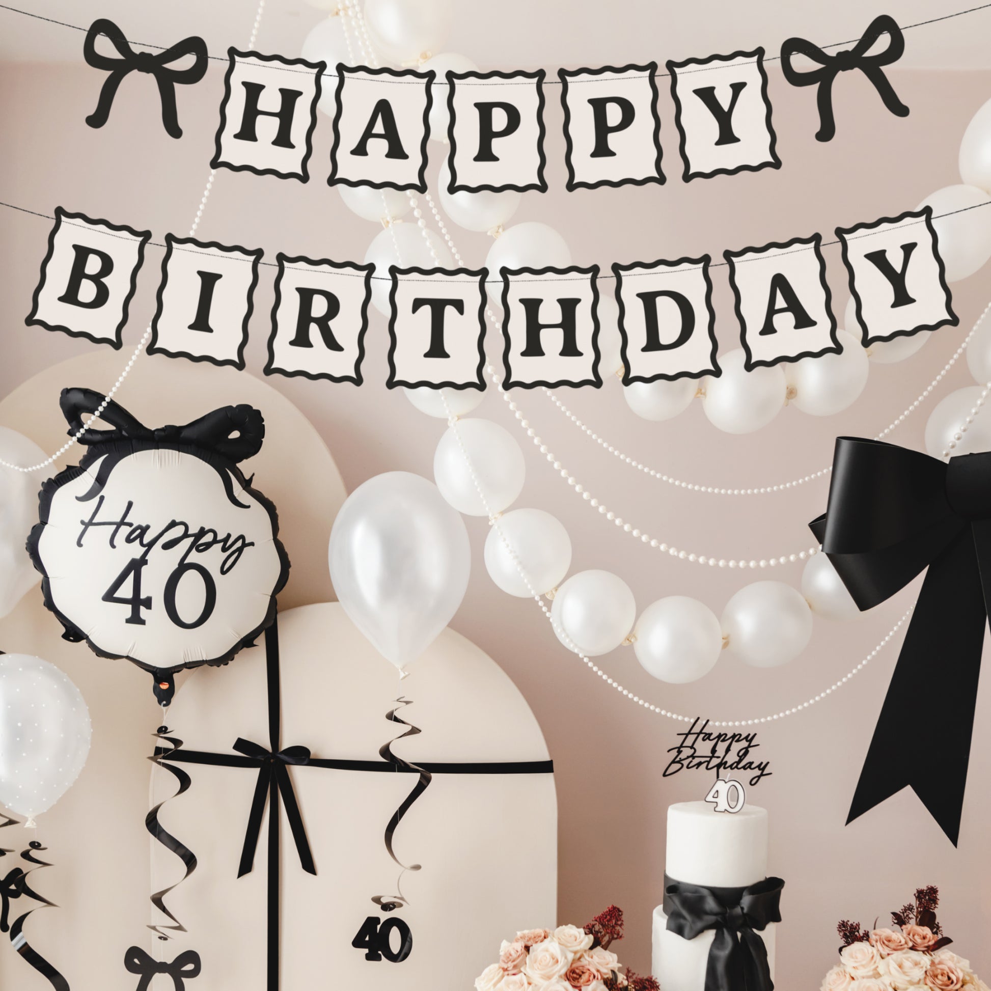 Minimal Happy Birthday banner in cream and black with bow details. Perfect for modern, stylish birthday decorations.