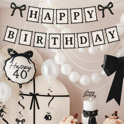 Minimal Happy Birthday banner in cream and black with bow details. Perfect for modern, stylish birthday decorations.