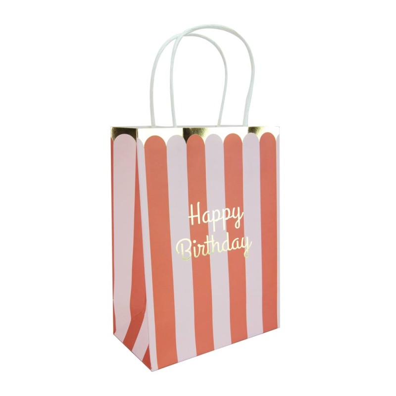 Gift bag with red and white stripes and 'Happy Birthday' text on a white background