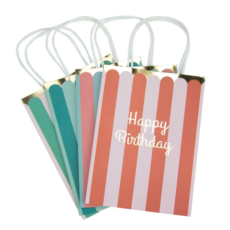 Set of colorful striped gift bags with 'Happy Birthday' text on a white background