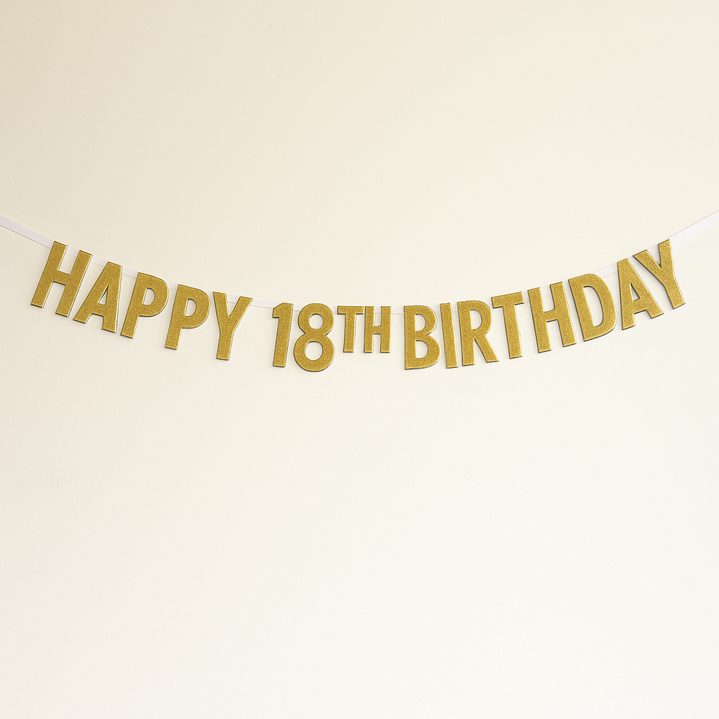 Gold metallic 'HAPPY 18TH BIRTHDAY' banner garland hanging against a plain off-white background.