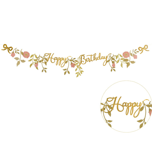Pink & Gold Happy Birthday Banner | Floral Birthday Decoration