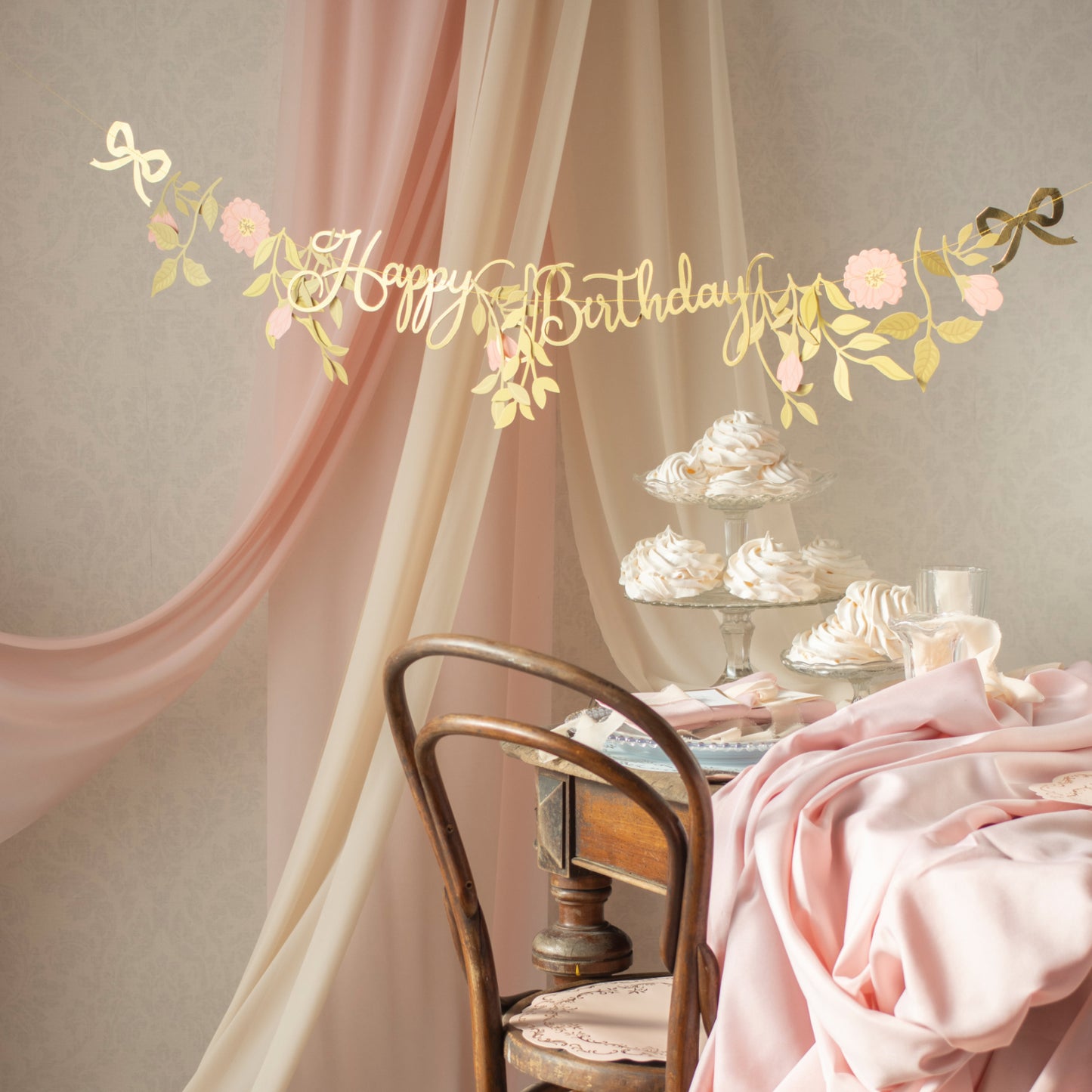 Pink & Gold Happy Birthday Banner | Floral Birthday Decoration