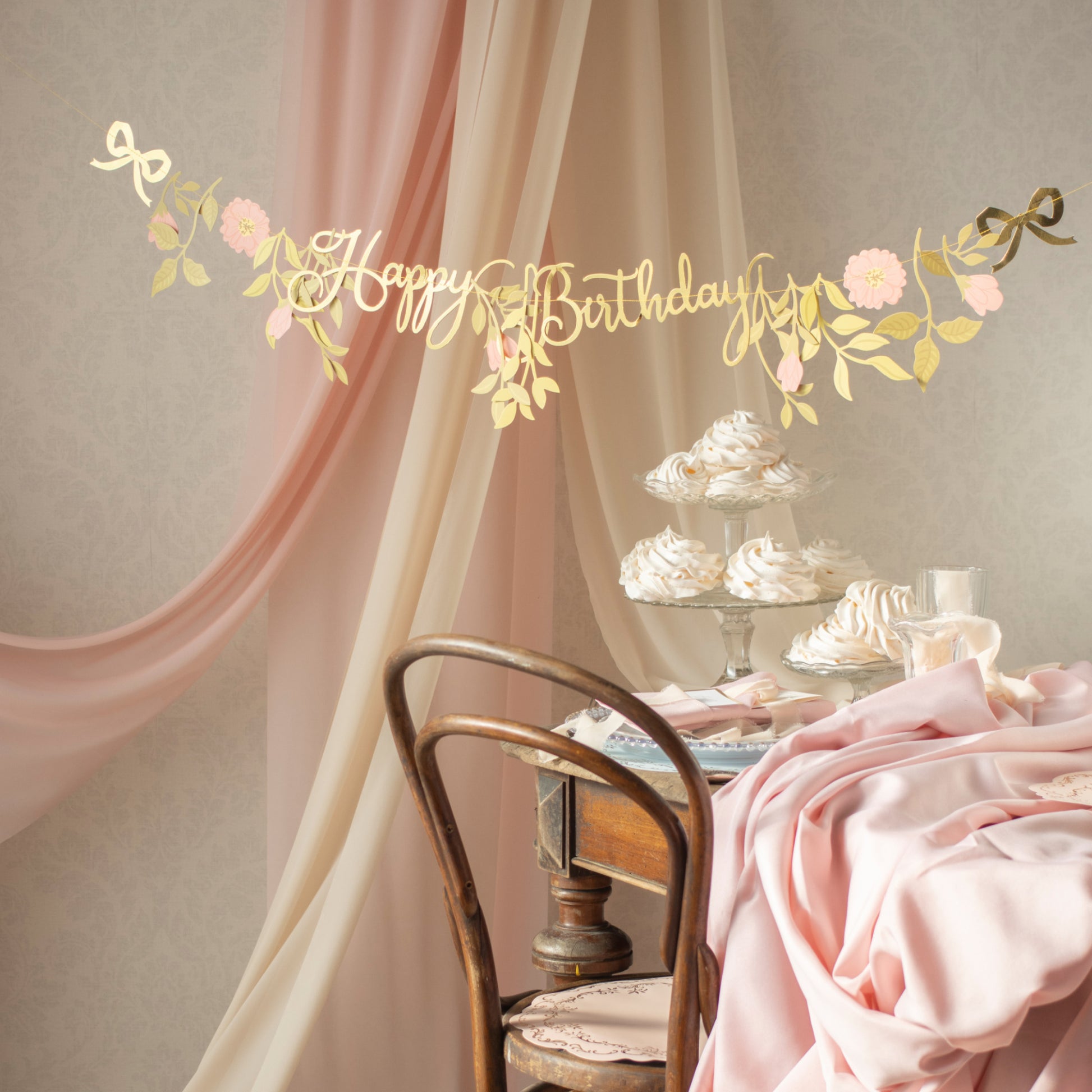 Pink & Gold Happy Birthday Banner | Floral Birthday Decoration