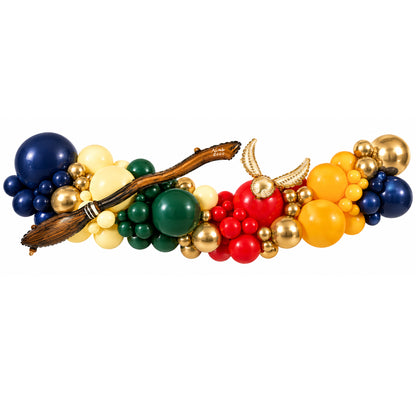 Hogwarts inspired balloon garland with Nimbus 2000 and Golden Snitch balloons
