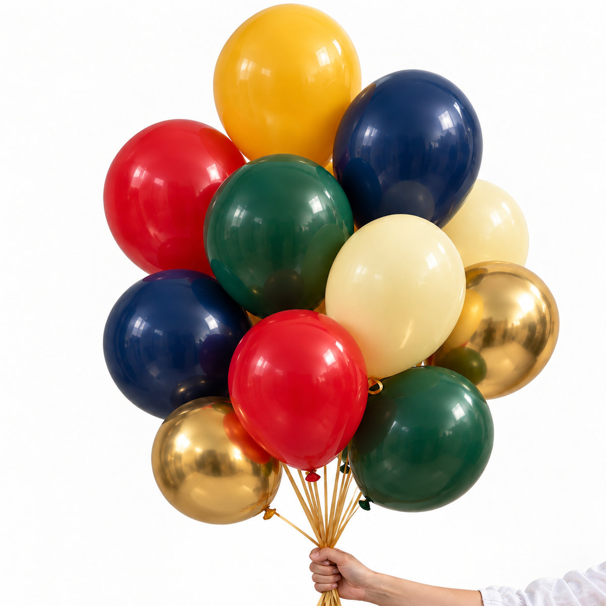 Hogwarts inspired balloon bunch in navy, green, red, amber, butter and gold