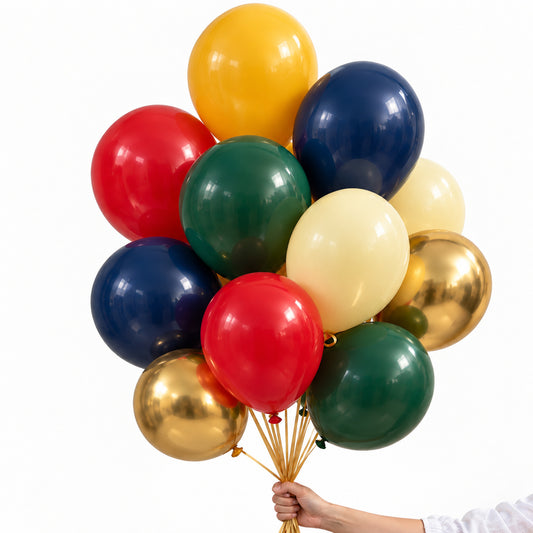 Hogwarts inspired balloon bunch in navy, green, red, amber, butter and gold