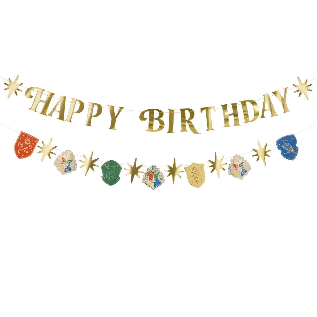 Harry Potter Happy Birthday banner with Hogwarts house shields and Hedwig