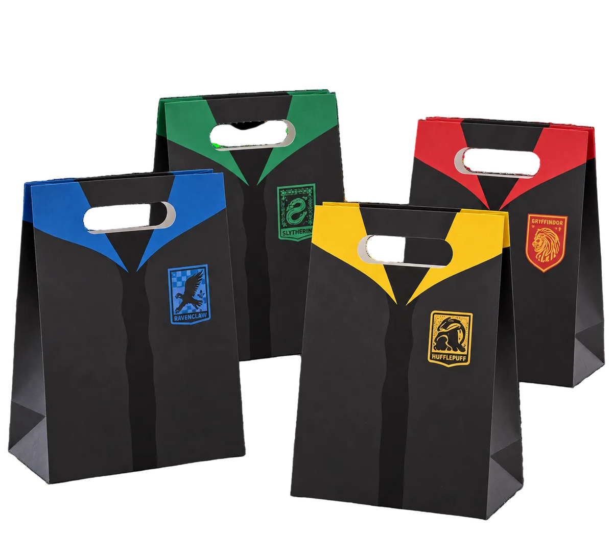 Harry Potter Hogwarts house party bags in Gryffindor, Slytherin, Ravenclaw and Hufflepuff designs