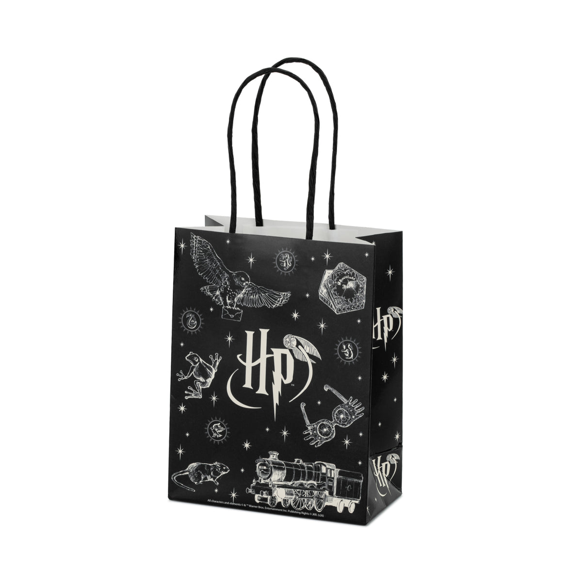 Black Harry Potter party bag with handles and magical Hogwarts illustrations