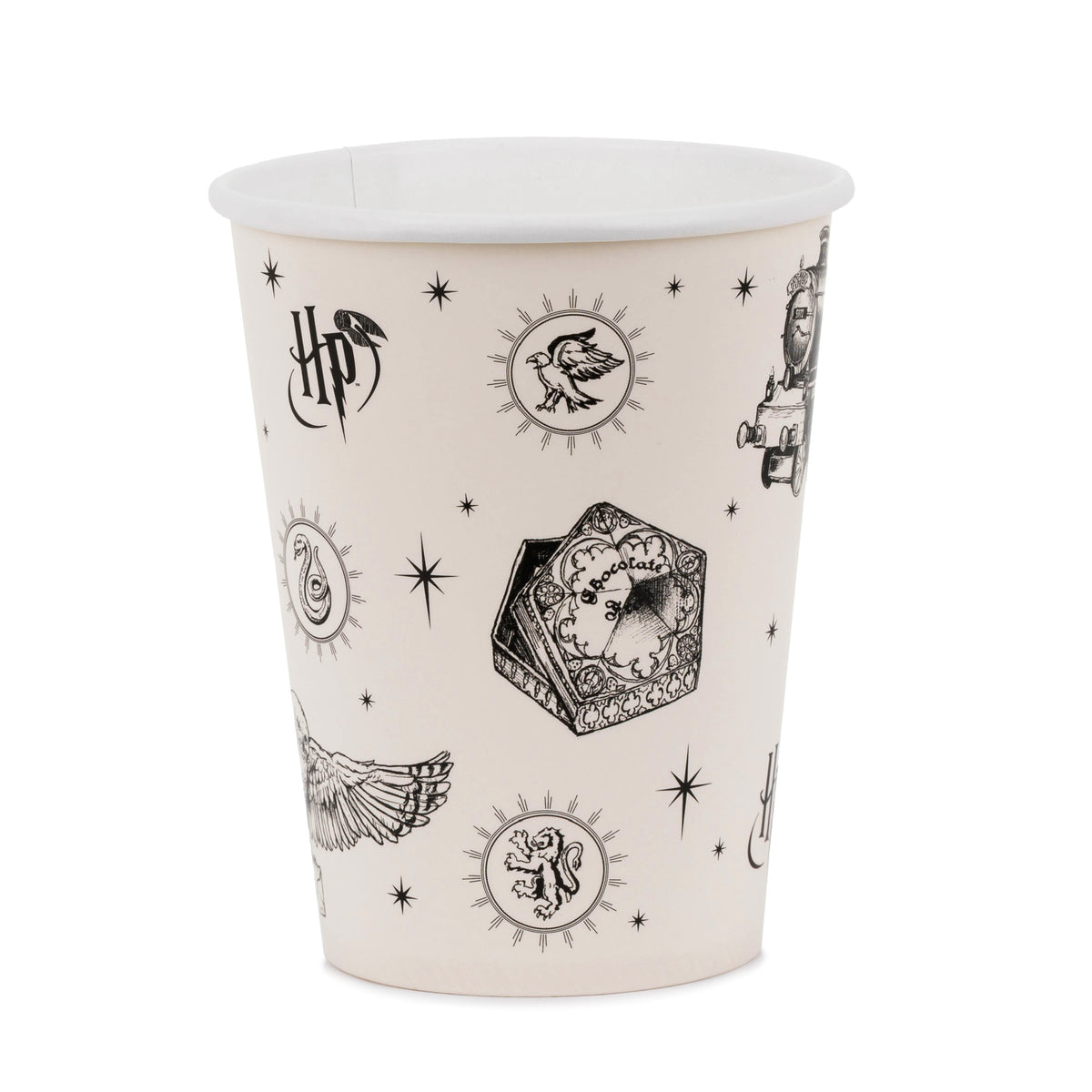 Harry Potter Hogwarts paper cups with vintage cream and black magical design