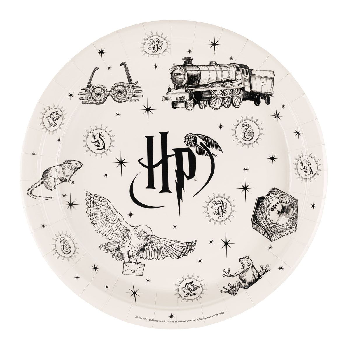 Harry Potter Hogwarts paper party plate with HP logo and magical illustrations