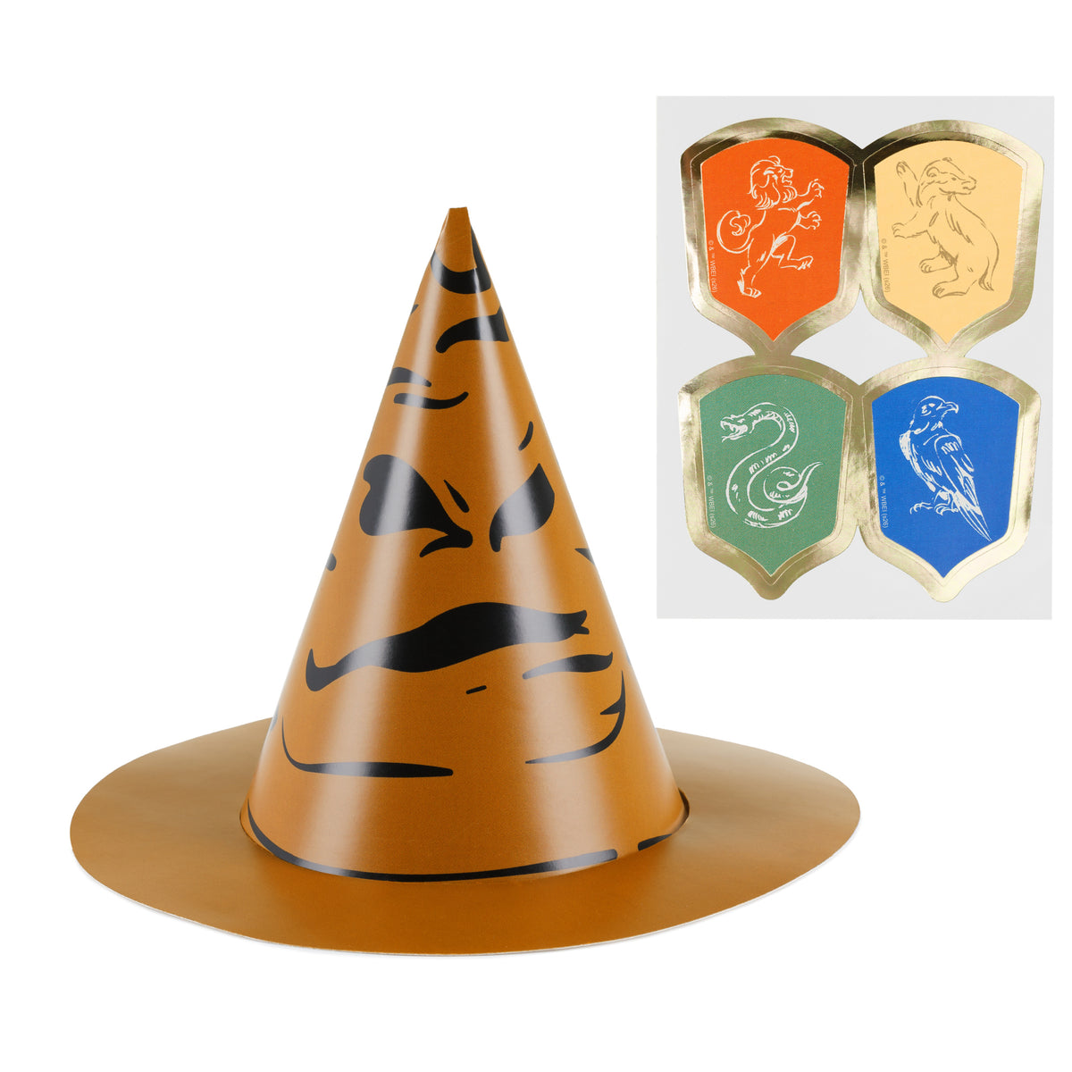 Harry Potter Sorting Hat party hat with Gryffindor, Slytherin, Hufflepuff and Ravenclaw house stickers.