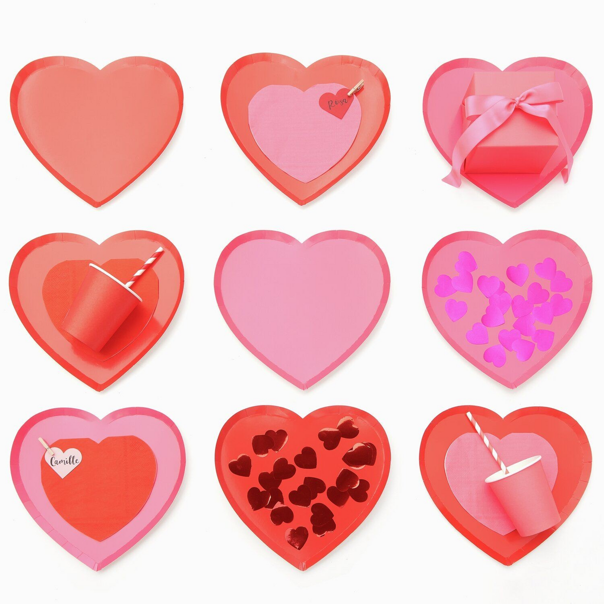 Bright neon pink and red heart-shaped paper party plate