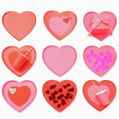 Bright neon pink and red heart-shaped paper party plate