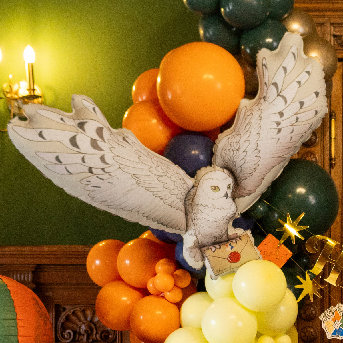 Hedwig owl balloon with Hogwarts letter at a Harry Potter party