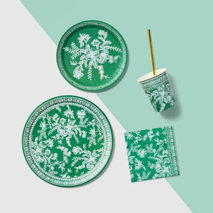 Disposable Cups for special Occasions | Emerald Green Toile Paper Cups by Coterie UK