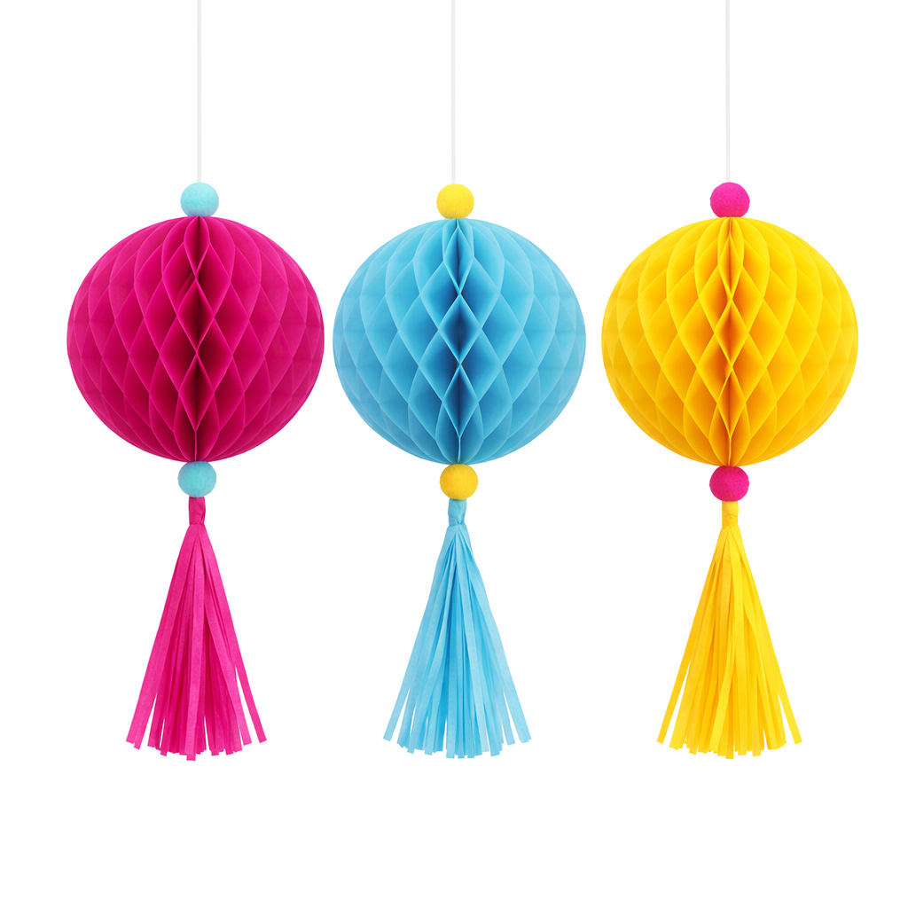 Colourful honeycomb ball decorations with felt pom poms and tissue tassels