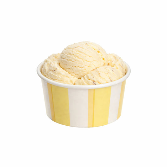 Pastel yellow and white striped dessert cup with ice cream
