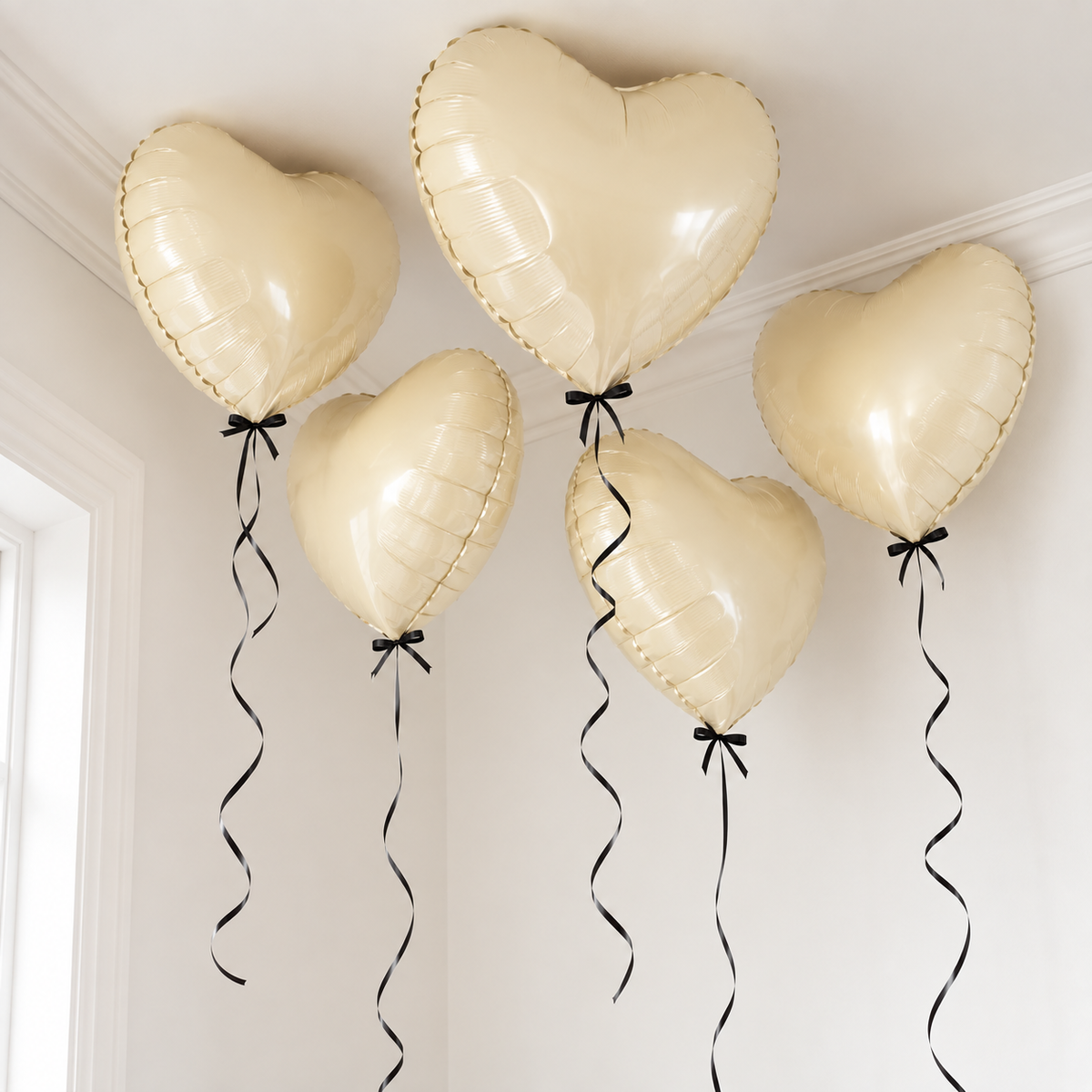 Ivory Heart Foil Balloons with Black Bows and Ribbons floating at the ceiling