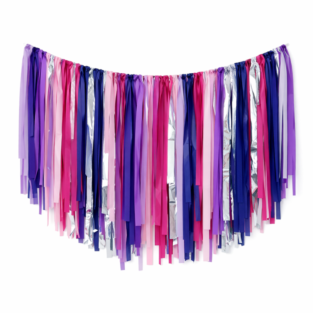 Colourful tassel garland with purple, pink, and silver streamers - Demon Hunter Colours