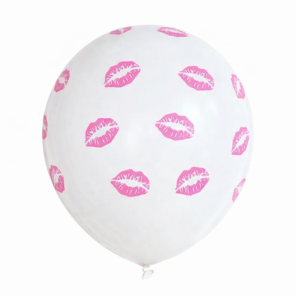 White latex balloon with pink lip print pattern on a white background