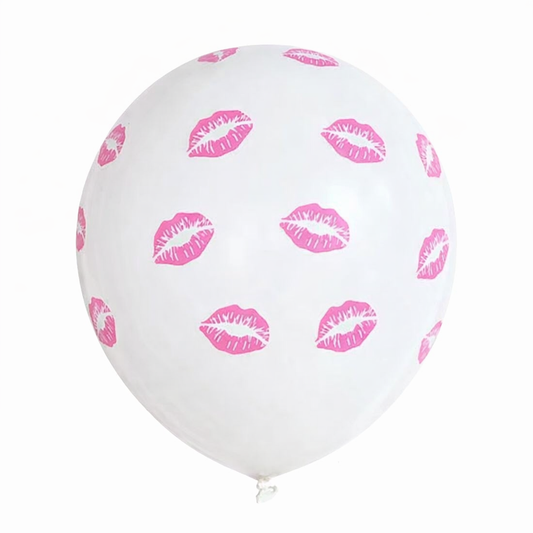 White latex balloon with pink lip print pattern on a white background