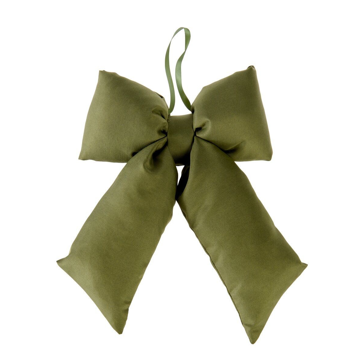 Large olive green fabric bow with long tails for indoor and outdoor Christmas decorating