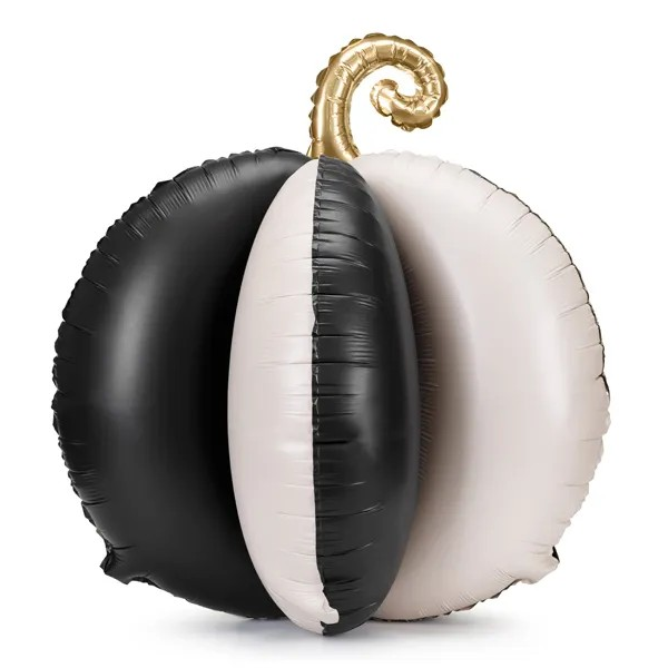 Black and white pumpkin-shaped large balloon with a gold stem on a white background