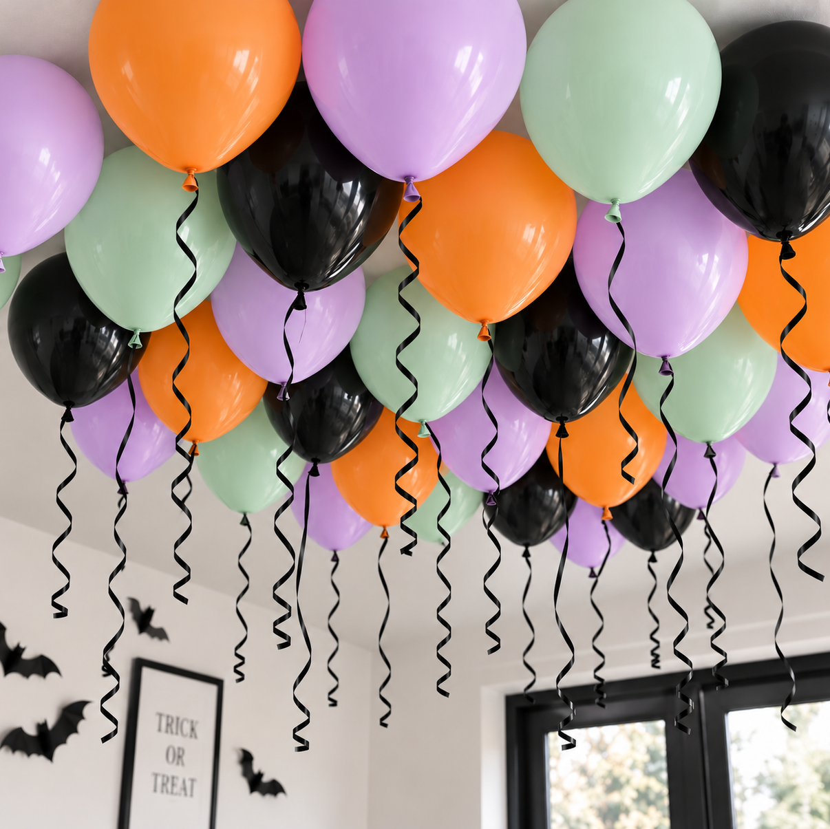A cluster of Halloween-themed latex balloons in purple, orange, black, and mint green, with black spiral ribbons dangling down in a decorated room.