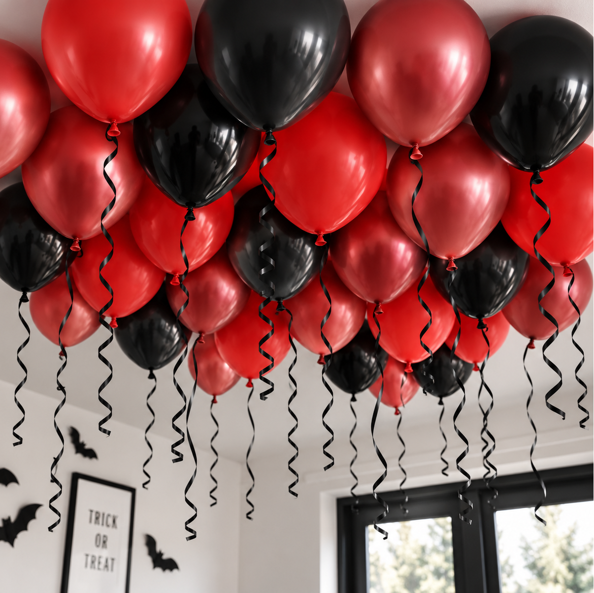 A Balloon Ceiling -  red and black balloons with long black spiral ribbons hanging down in a room. 