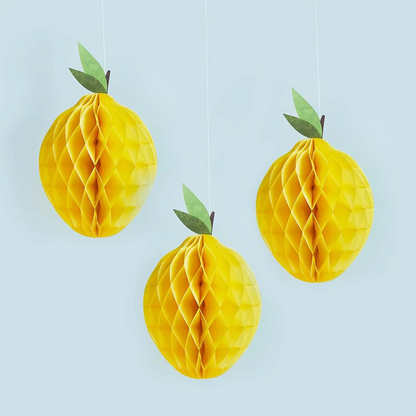 Yellow lemon honeycomb hanging decorations with green leaves
