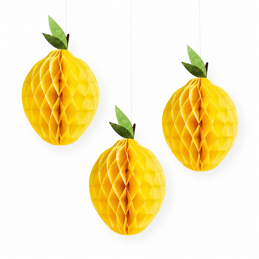 Yellow lemon honeycomb hanging decorations with green leaves