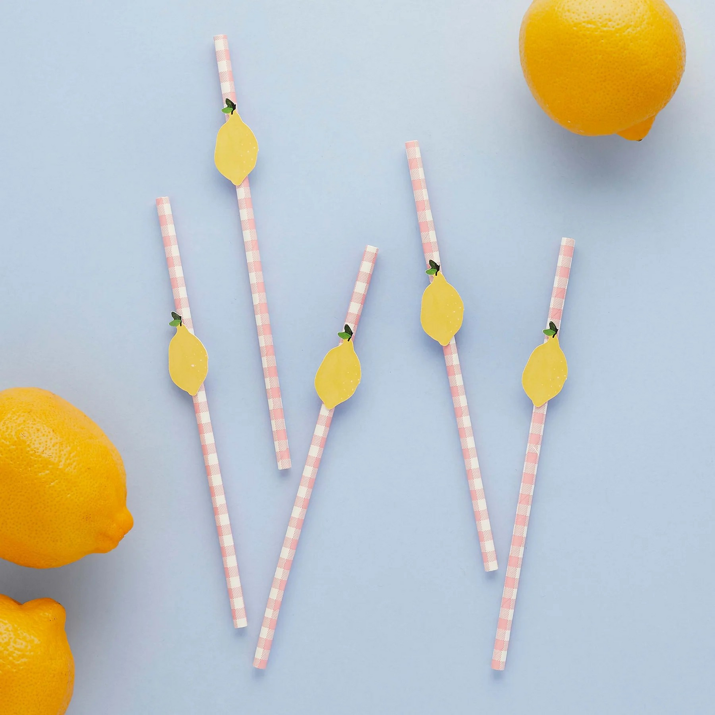 Lemon and pink gingham paper straws with lemon decorations
