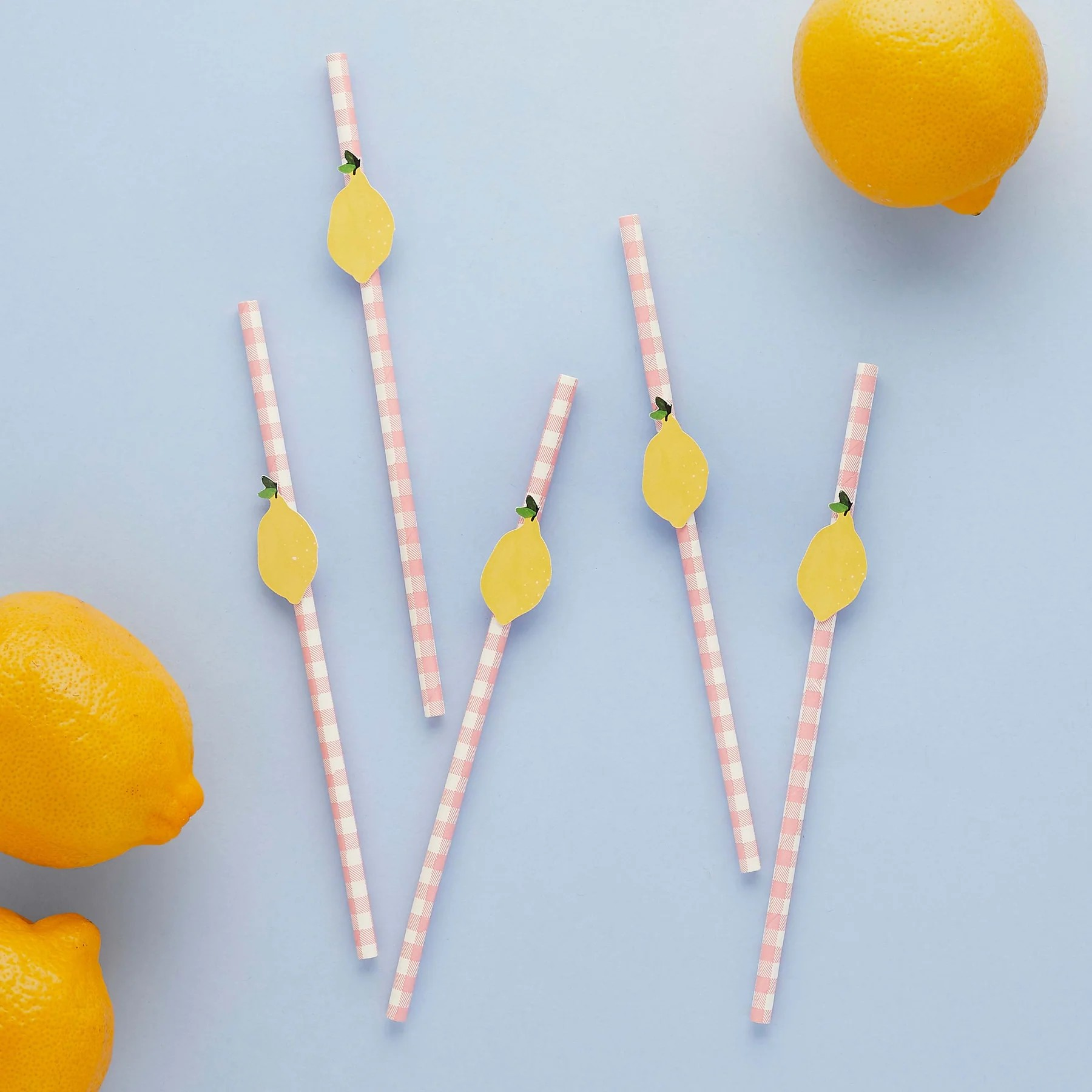 Lemon and pink gingham paper straws with lemon decorations