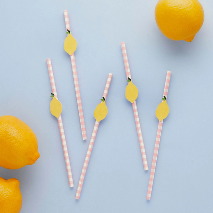 Lemon and pink gingham paper straws with lemon decorations