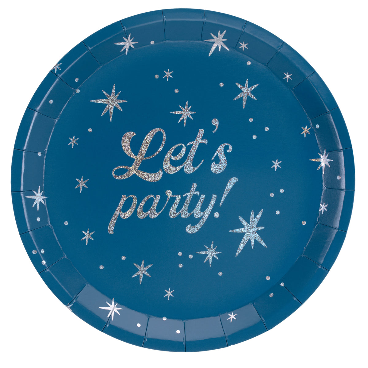 Navy blue Let's Party paper plates with holographic silver stars