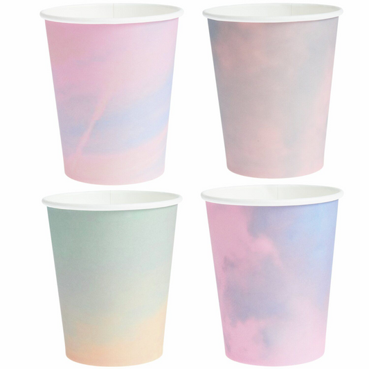 Pastel marble effect paper cups in pink, lilac and blue for party tableware
