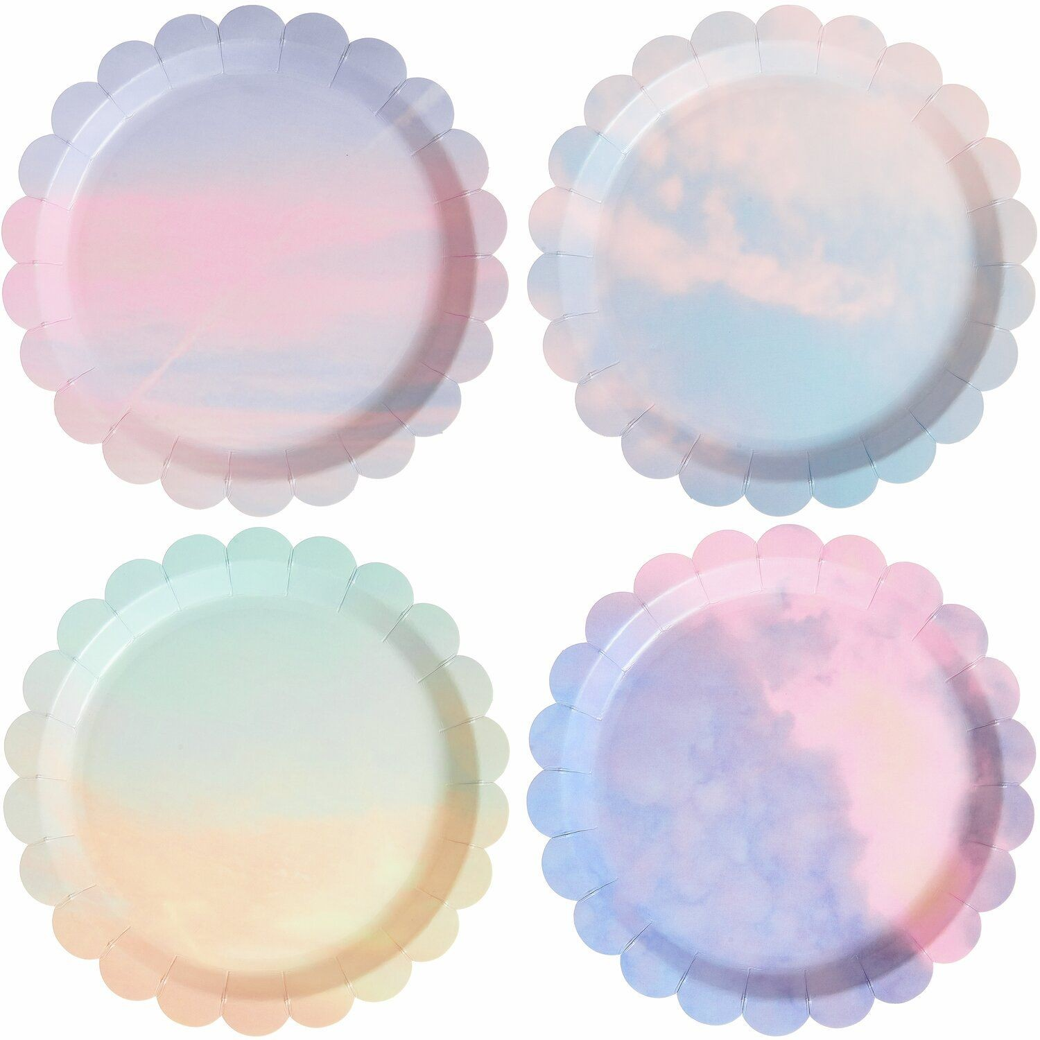 Pastel marble effect paper plates with scalloped edges in pink, lilac and blue
