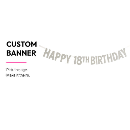 Custom birthday banner template with 'Happy 18th Birthday' text on a white background