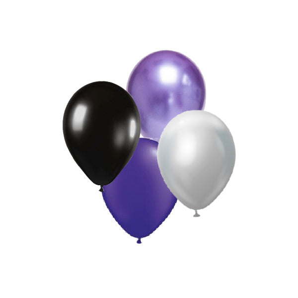 Bunch of black, purple, and silver balloons for Halloween Wednesday Addams Party