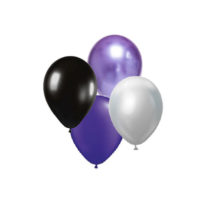 Bunch of black, purple, and silver balloons for Halloween Wednesday Addams Party