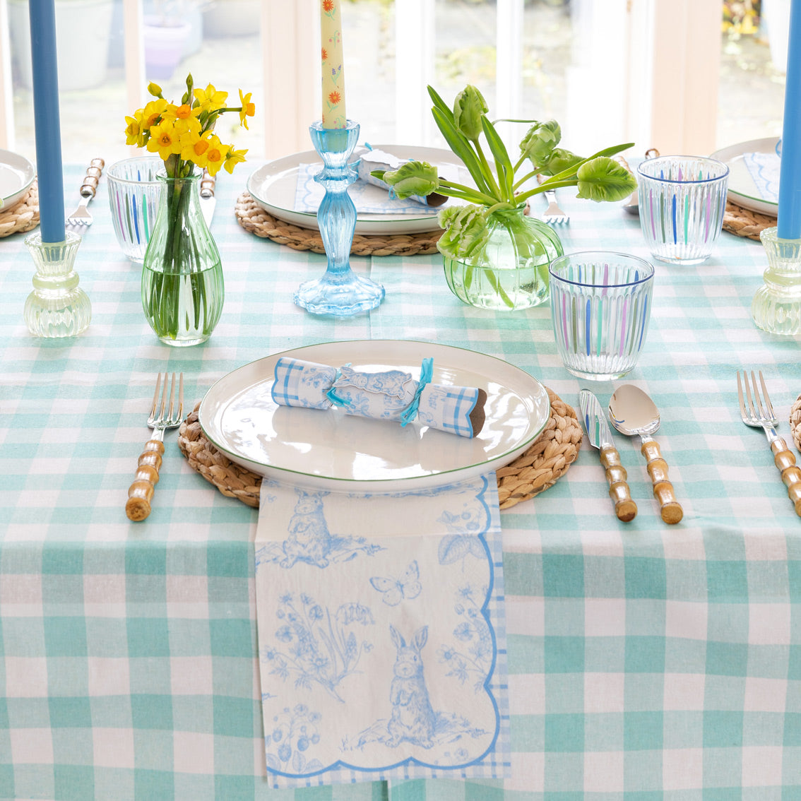 Mint Gingham Fabric Tablecloth