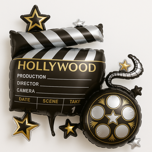 Decorative balloon set with Hollywood clapperboard and film reel design on a white background