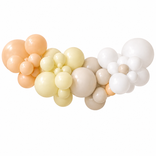 Balloon arch with peach, cream, and white balloons on a white background
