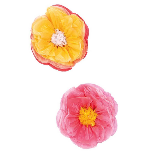 Two Beautiful Paper Flower Decorations in shades or Yellow, Orange, Peach and Pinks