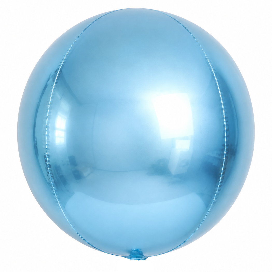 A shiny metallic light blue forb oil balloon with a small blue neck, isolated on a white background.