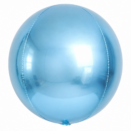A shiny metallic light blue forb oil balloon with a small blue neck, isolated on a white background.