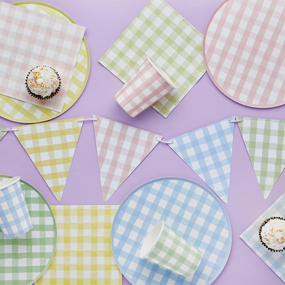Pastel gingham card bunting with pink, blue, green and yellow flags. 
