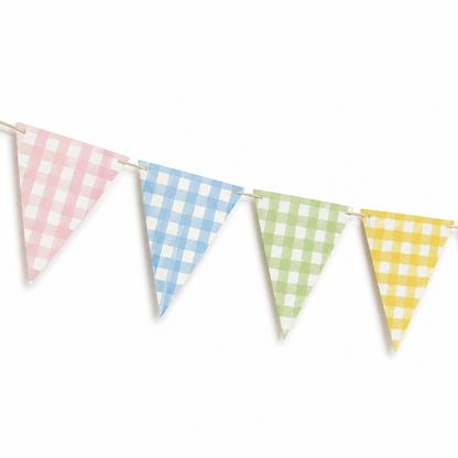 Pastel gingham card bunting with pink, blue, green and yellow flags. 